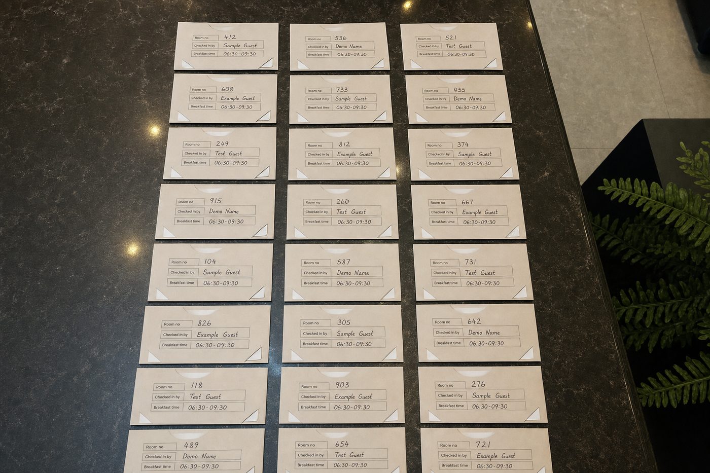 Prepared keycard holders arranged in rows on a front desk table