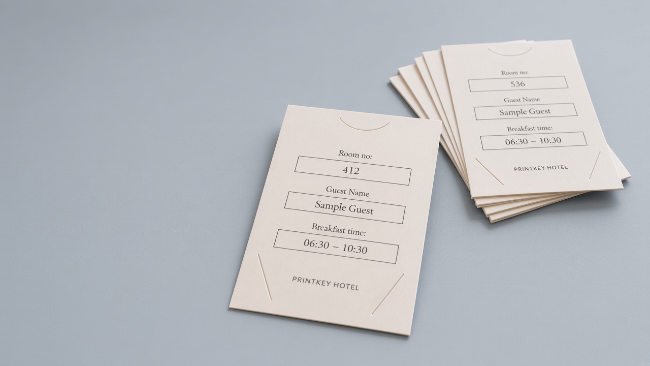 Printed PrintKey keycard holders with guest name, room number and breakfast time